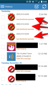 Screenshot of Youmail Android app showing blocked robocalls.