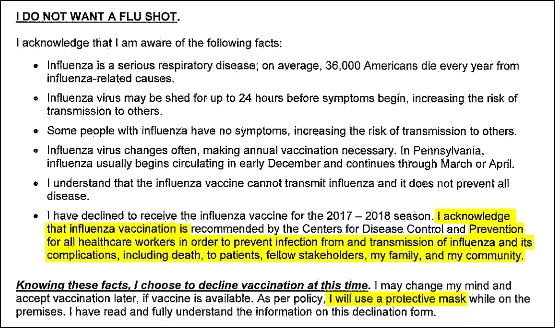 flu shot declination form with incriminating language